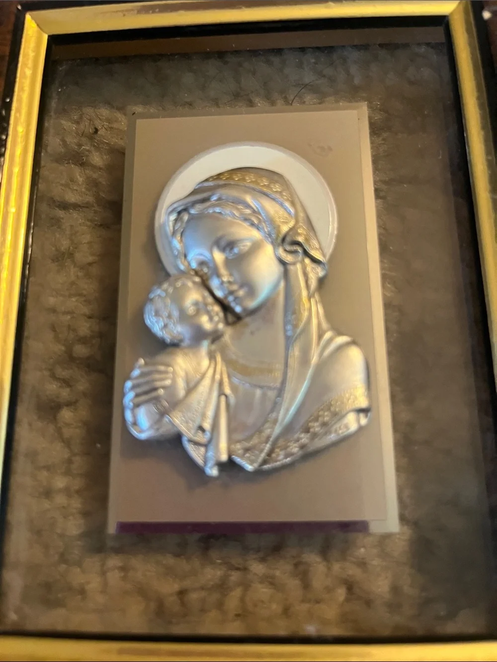 Framed Silver Madonna and Child Wall Plaque - Brown & Gold
